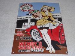 Vintage Wendy White Rose Woman Convertible 16 Porcelain Metal Gasoline Oil Sign