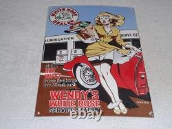 Vintage Wendy White Rose Woman Convertible 16 Porcelain Metal Gasoline Oil Sign