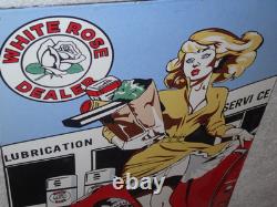 Vintage Wendy White Rose Woman Convertible 16 Porcelain Metal Gasoline Oil Sign
