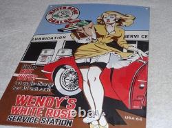 Vintage Wendy White Rose Woman Convertible 16 Porcelain Metal Gasoline Oil Sign
