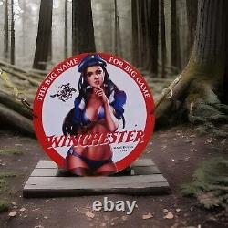Vintage Wincheste Guns Shotgun Pistol Sniper Pinup Girl Porcelain Enamel Sign