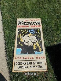 Vintage Winchester Fishing Tackle Sign Metal Corona New York Boat Lake Bait RARE