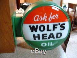 Vintage Wolf's Head lighted 2 sided flange sign