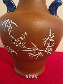 Vintage YIXING CHINESE REDWARE POTTERY Vase withBIRD AND TREE signed