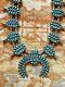 Vintage Zuni Petite Point Turquoise Squash Blossom Necklace & Earrings Signed