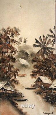 Vintage river landscape oil painting signed