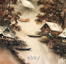 Vintage river landscape oil painting signed