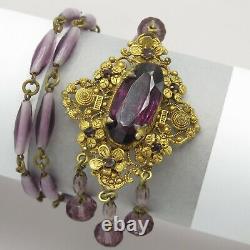 Vtg 1930s Art Deco Signed Czech Amethyst Glass Flower Dangle Pendant Necklace