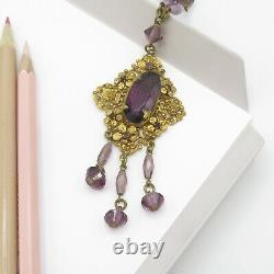 Vtg 1930s Art Deco Signed Czech Amethyst Glass Flower Dangle Pendant Necklace