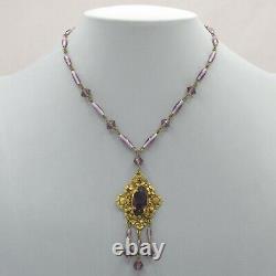 Vtg 1930s Art Deco Signed Czech Amethyst Glass Flower Dangle Pendant Necklace