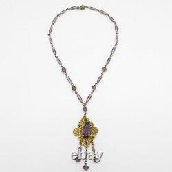 Vtg 1930s Art Deco Signed Czech Amethyst Glass Flower Dangle Pendant Necklace