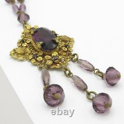 Vtg 1930s Art Deco Signed Czech Amethyst Glass Flower Dangle Pendant Necklace