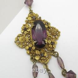 Vtg 1930s Art Deco Signed Czech Amethyst Glass Flower Dangle Pendant Necklace