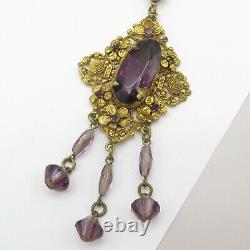 Vtg 1930s Art Deco Signed Czech Amethyst Glass Flower Dangle Pendant Necklace