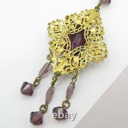 Vtg 1930s Art Deco Signed Czech Amethyst Glass Flower Dangle Pendant Necklace