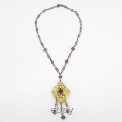 Vtg 1930s Art Deco Signed Czech Amethyst Glass Flower Dangle Pendant Necklace