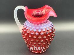 Vtg FENTON Hobnail Opalescent Cranberry Glass Jug Pitcher Vase Ruffle Rim Signed