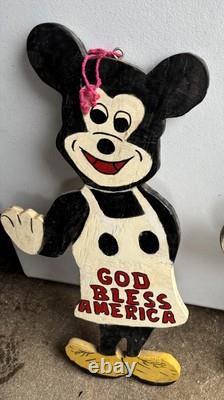 Vtg God Bless America Mickey Mouse Wood Sign Store Display Cartoon Animation