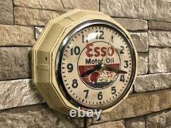 Vtg Ingraham Esso Oil Old Gas Station Advertising Display Wall Clock Sign Mobil