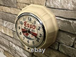 Vtg Ingraham Esso Oil Old Gas Station Advertising Display Wall Clock Sign Mobil