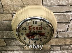 Vtg Ingraham Esso Oil Old Gas Station Advertising Display Wall Clock Sign Mobil