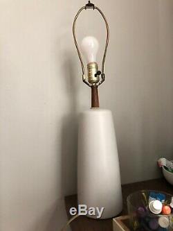 Vtg Martz Pottery Ceramic Lamp Gray Pottery Teak Wood Signed MCM Lighting