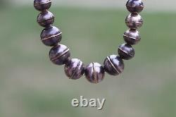 Vtg Native Navajo Graduated Sterling Silver Bench Bead Necklace pearls signed