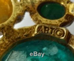 Vtg Signed ART Emerald Green Gripoix Cabochon Rhinestone Seed Pearls Pin Brooch