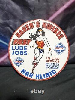 Vtg Wonder Woman Karen's Kwikee Skelly Lube Porcelain Gas Oil Sign Marvel Comic